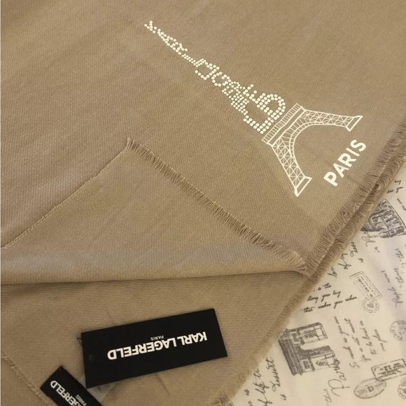 Karl Lagerfeld Paris Camel Rectangular Scarf Studded Logo & Eiffel Tower OS NWT - Picture 12 of 12